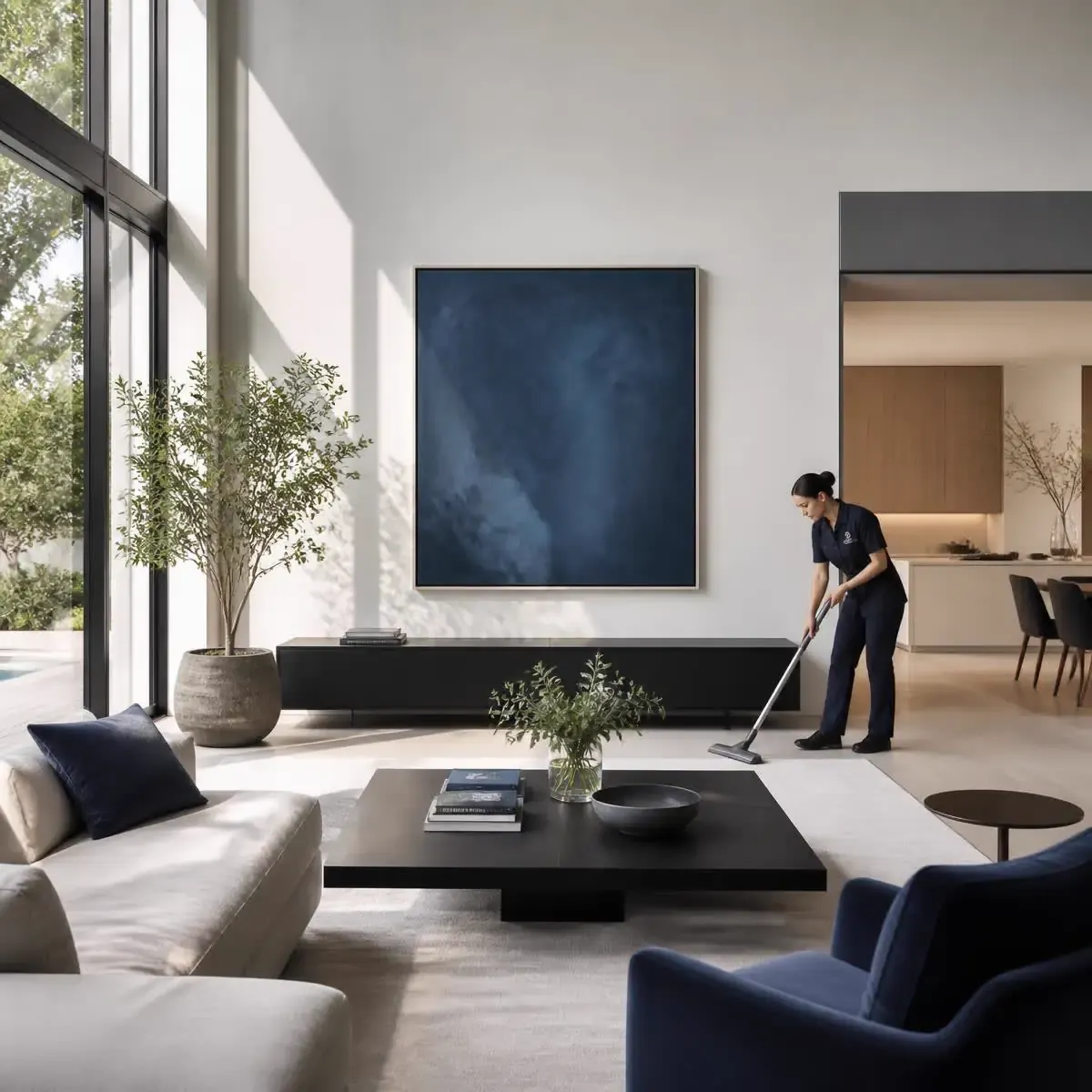 A uniformed cleaning professional working in a sunlit modern living room